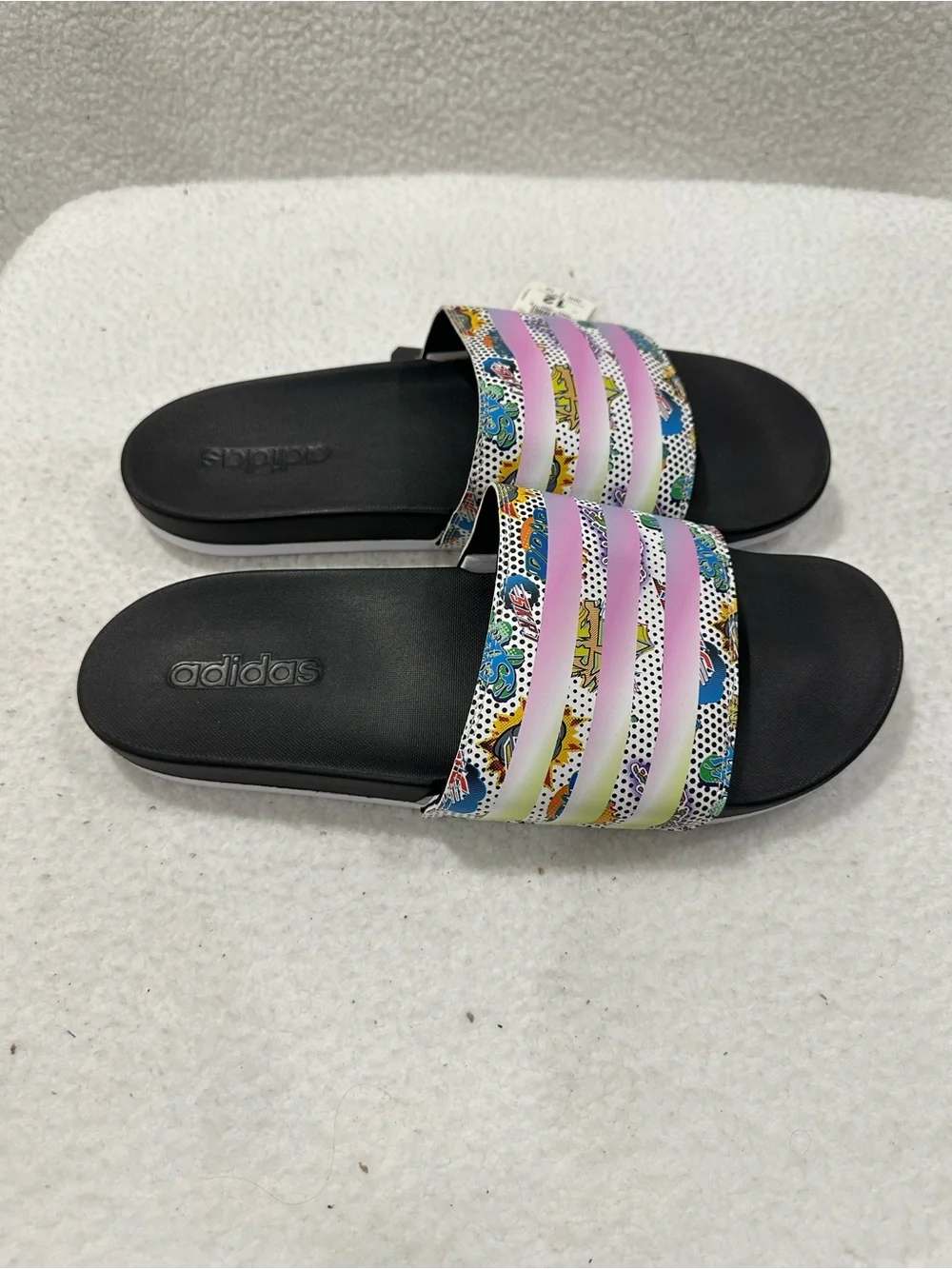 Adidas Black Slide Sandals with Pastel Multi-Color Strap